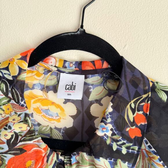 Cabi Black + Red Semi Sheer Amour Printed Long Sleeve Collared Blouse Small - Picture 4 of 9